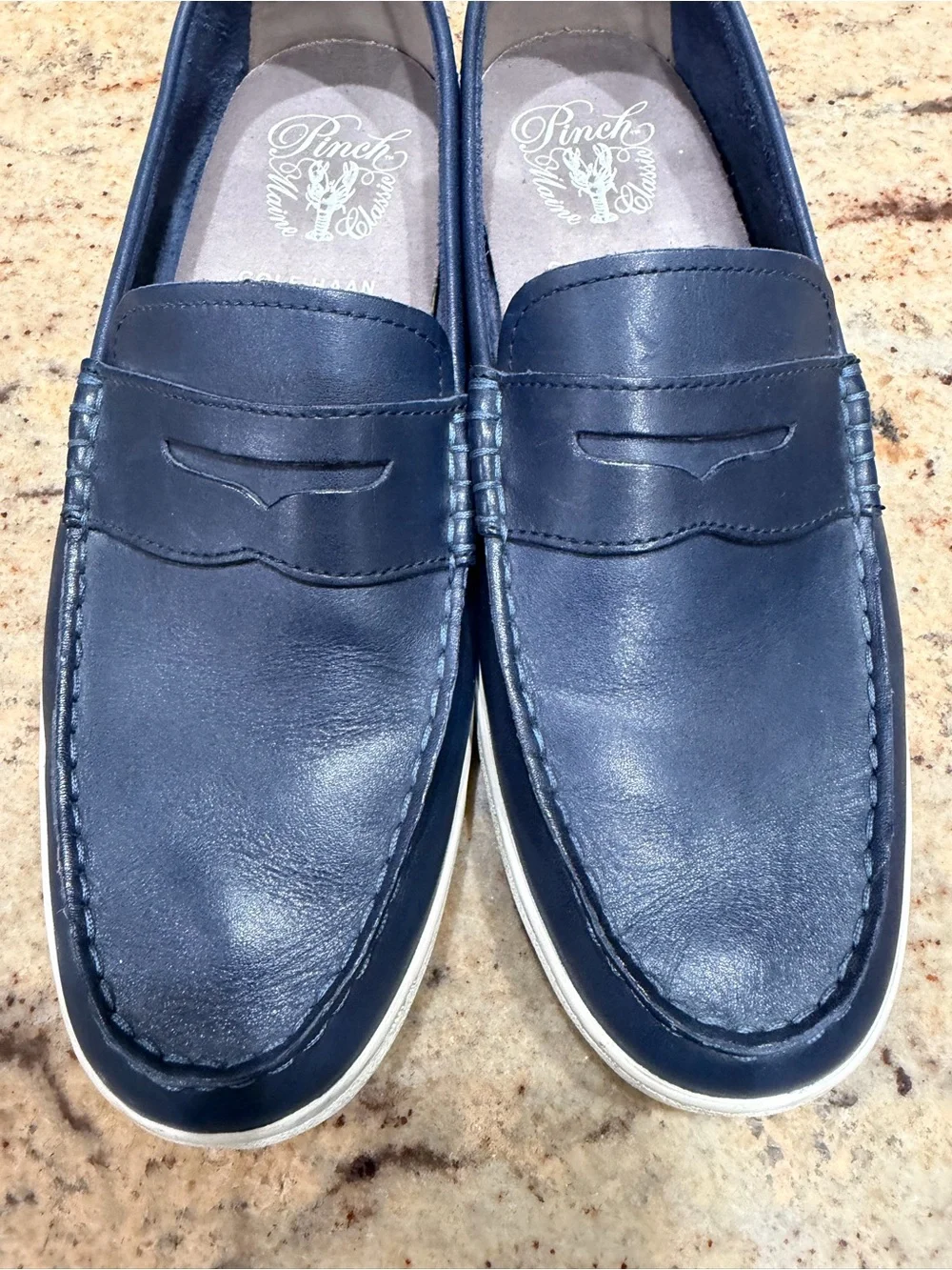Cole Haan Navy Leather Slip-On Penny Loafers with White Sole